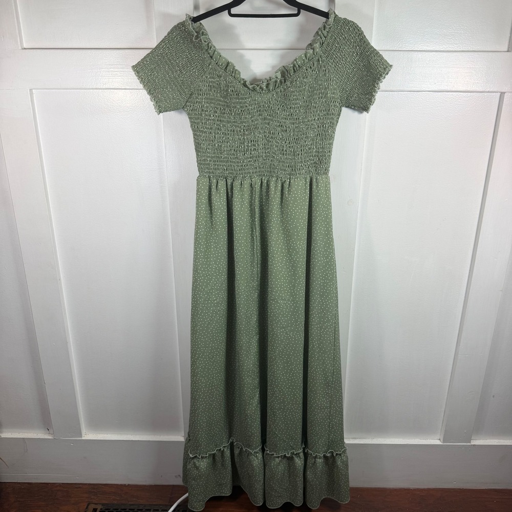 Simplee Sage Green Polka Dot Smocked Maxi Dress Ruffle Hem Boho Cottage Size L - Picture 6 of 13